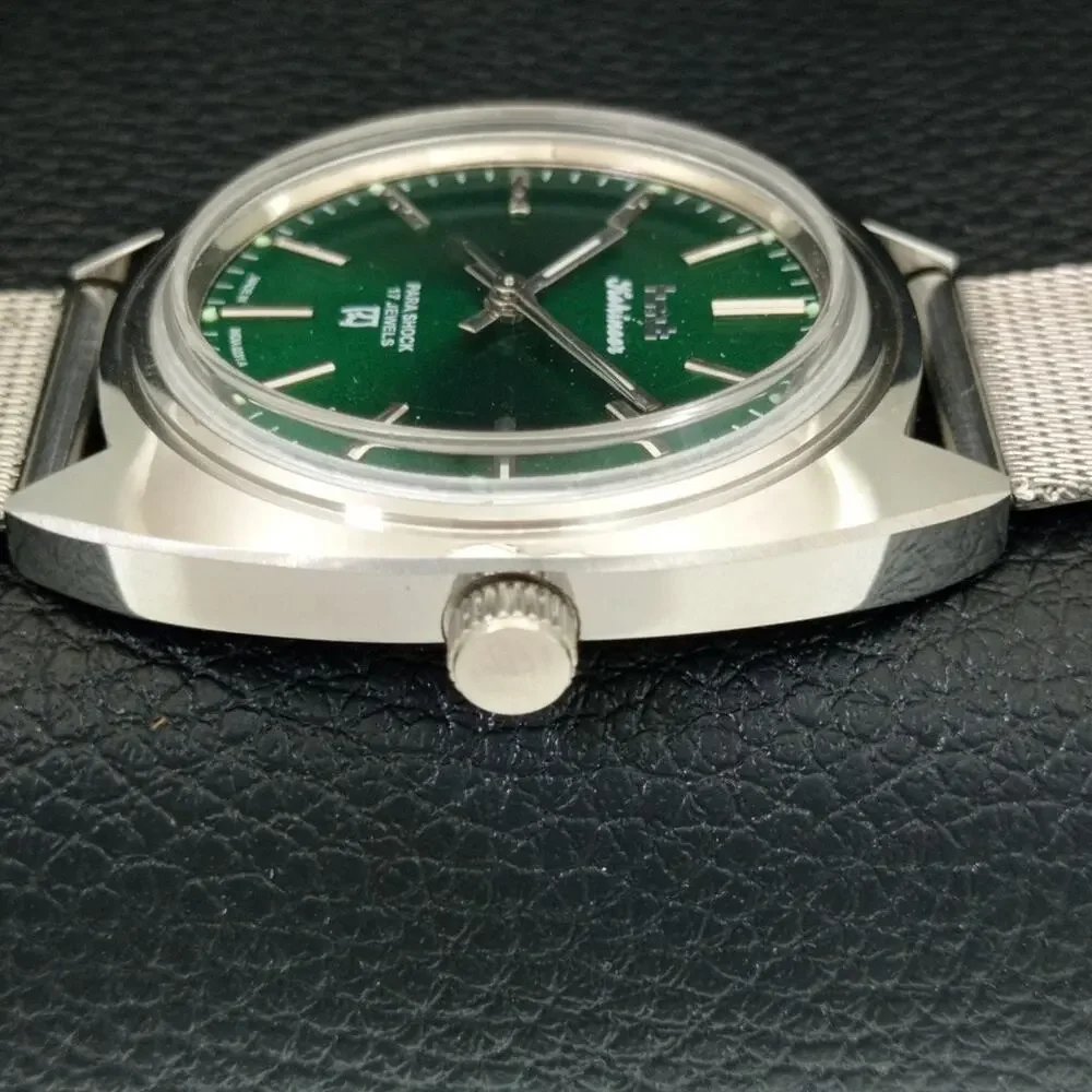 Vintage 1988 HMT Manual Wound Mens Silver Watch & Green accents